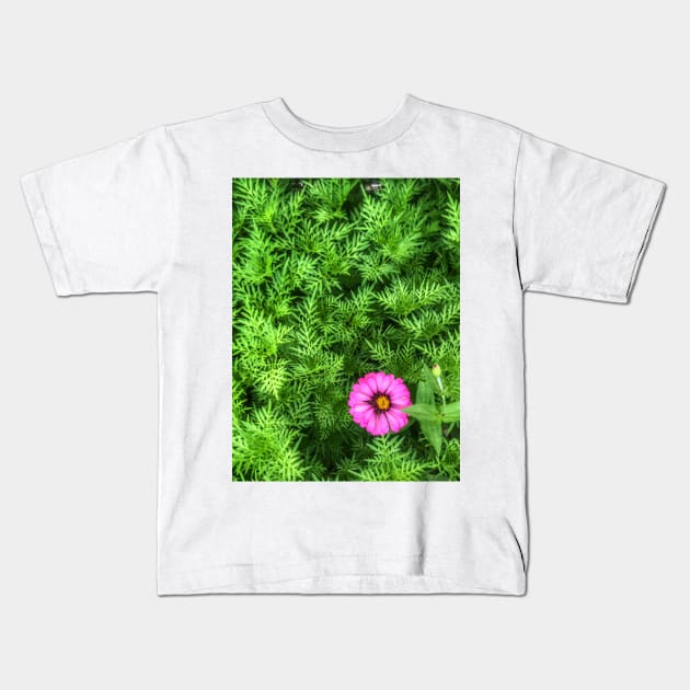 Pink Zinnia flower on yellow cosmos bush Kids T-Shirt by FOGSJ